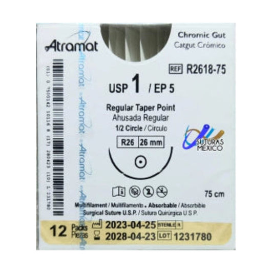 Sutura ATRAMAT Catgut Crómico R2618-75 USP 1 de 75 cm con aguja R26 sobre fondo blanco
