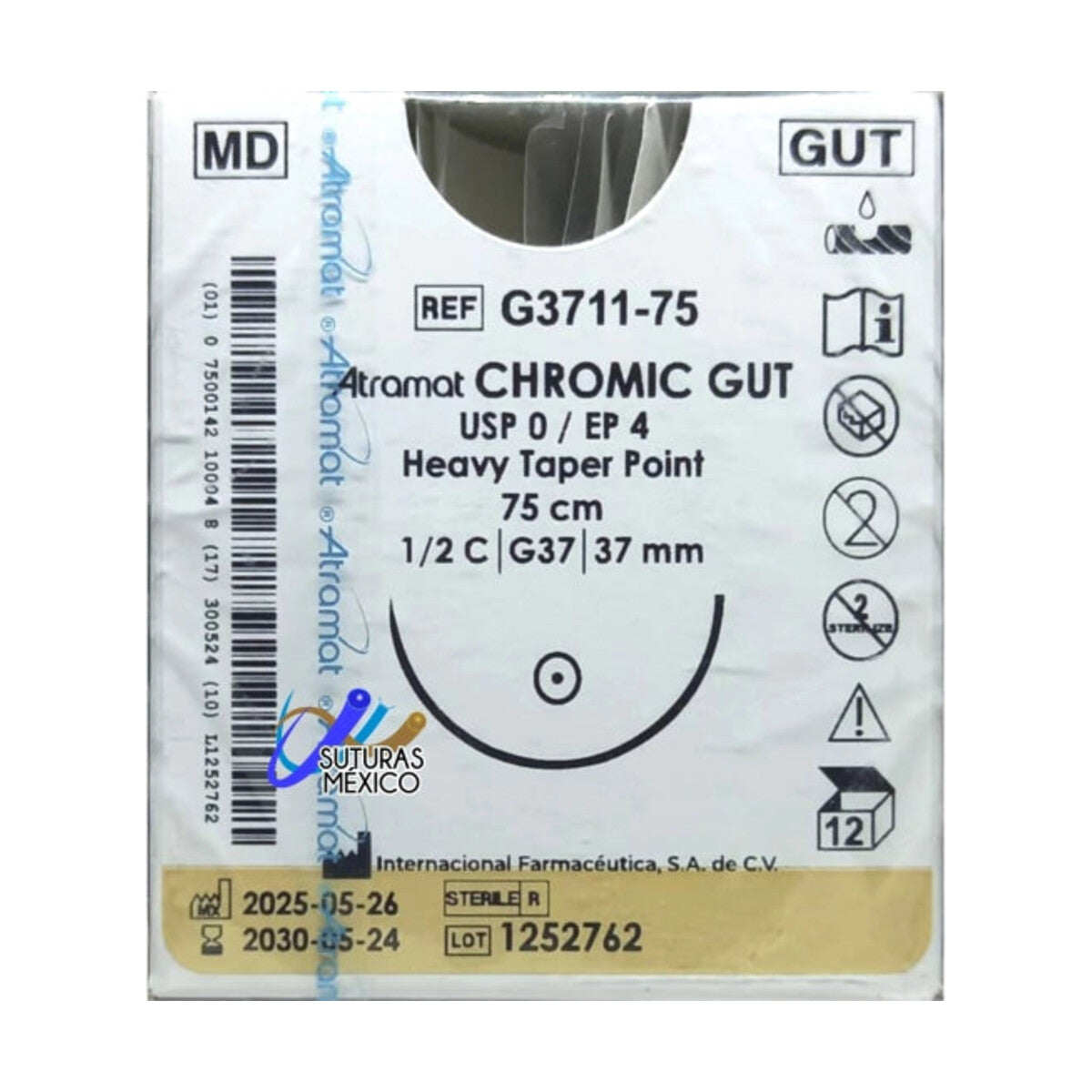 Sutura ATRAMAT Catgut crómico G3711-75, USP 0, 75 cm y aguja G37 sobre fondo blanco
