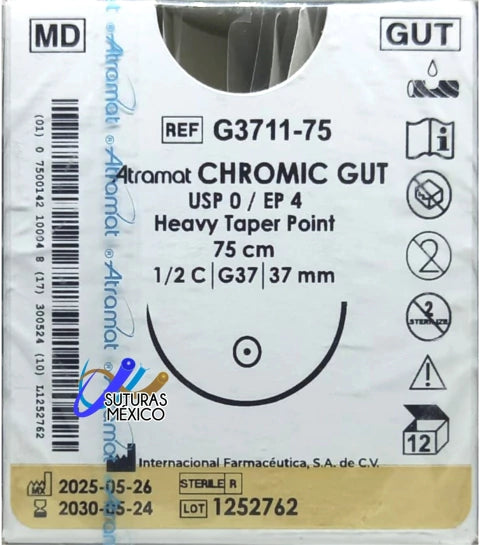 Sutura ATRAMAT Catgut crómico G3711-75, USP 0, 75 cm y aguja G37