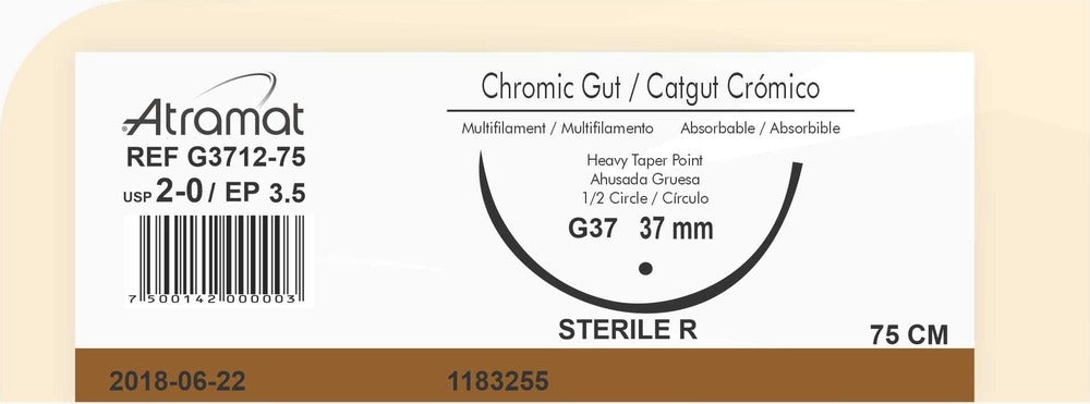 Sutura ATRAMAT Catgut crómico G3712-75, USP 2-0, 75 cm y aguja G37