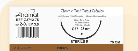 Sutura ATRAMAT Catgut crómico G3712-75, USP 2-0, 75 cm y aguja G37