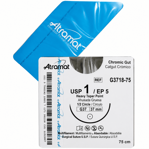 Sutura ATRAMAT Catgut crómico G3718-75, USP 1, 75 cm y aguja G37