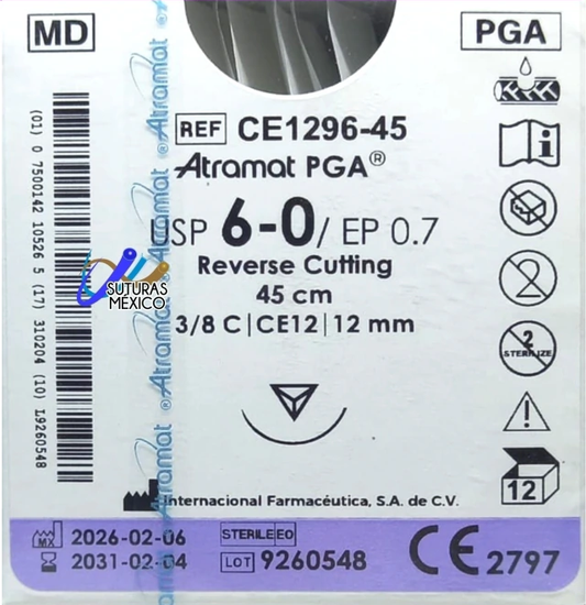 Sutura Atramat PGA CE1296-45, USP 6-0, aguja CE12 de 12 mm y hebra de 45 cm