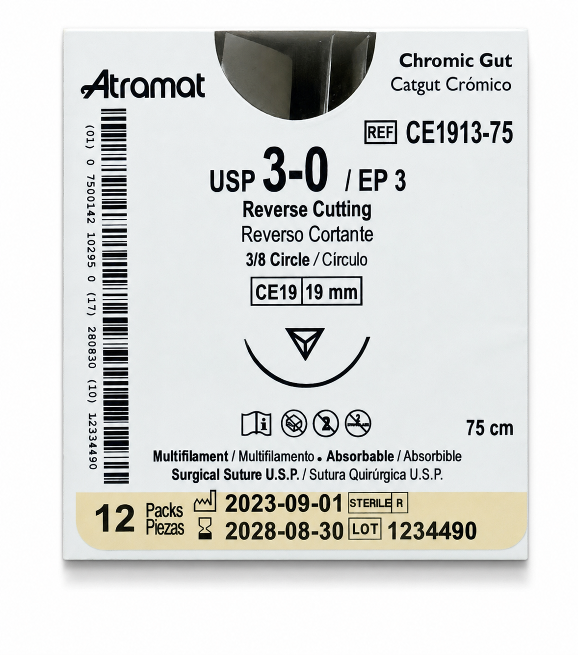 Atramat CE1913-75, catgut crómico USP 3-0 de 75 cm con aguja CE19 de 19 mm sobre fondo blanco