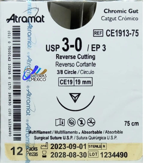 Sutura ATRAMAT Catgut Crómico CE1913-75 USP 3-0 de 75 cm con aguja CE19