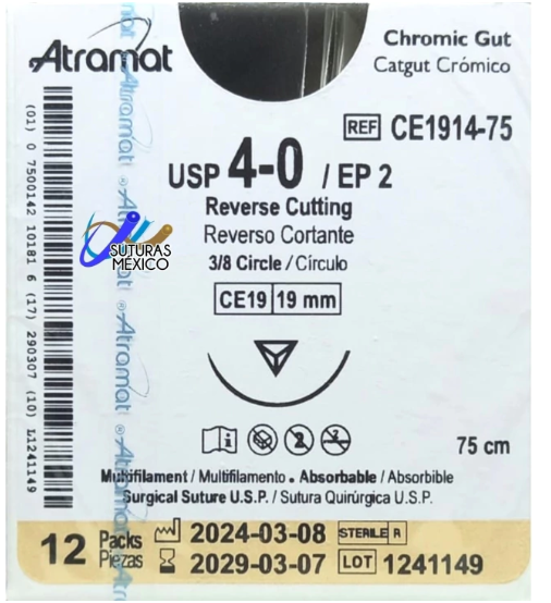 Sutura ATRAMAT Catgut Crómico CE1914-75 USP 4-0 de 75 cm con aguja CE19