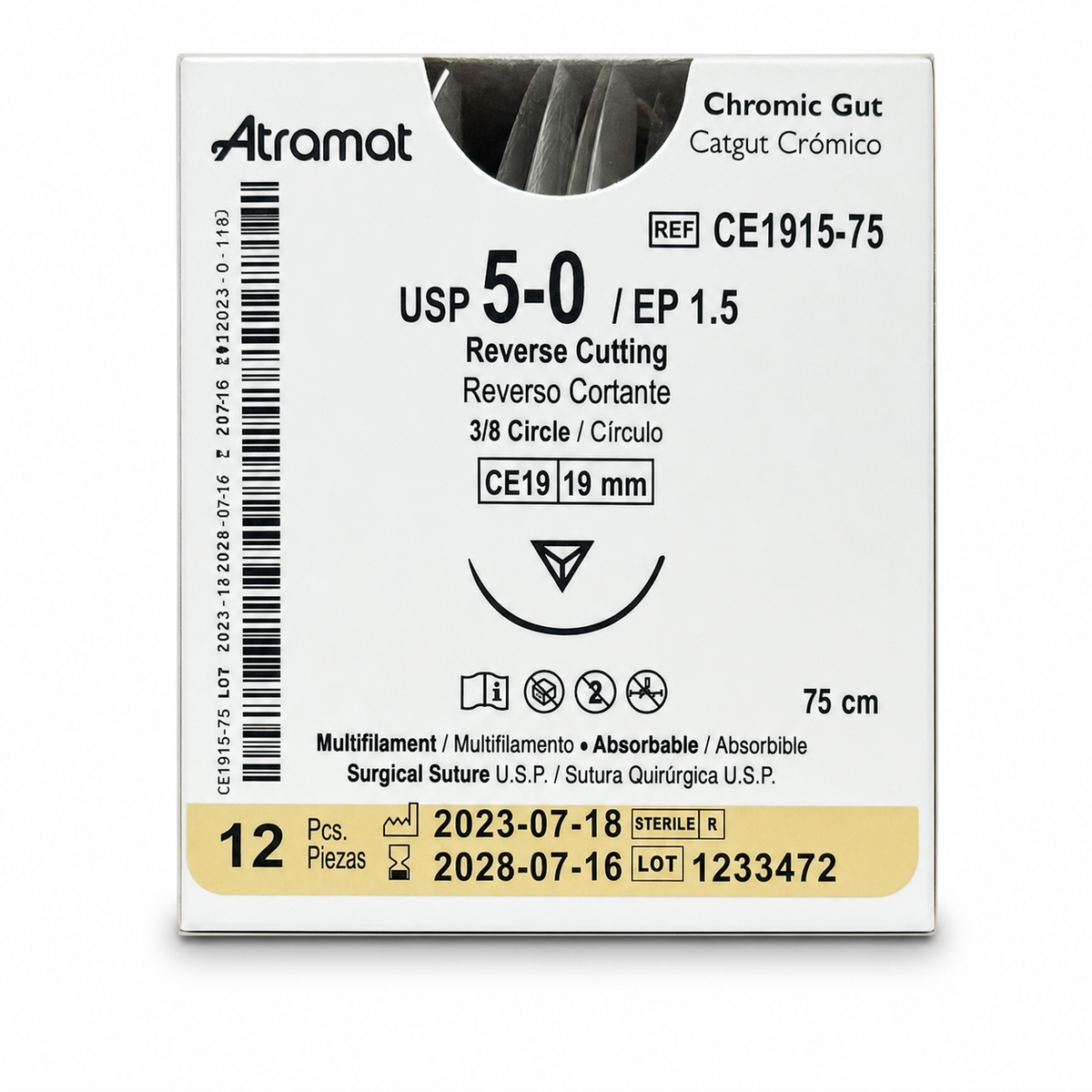 Atramat CE1915-75, catgut crómico USP 5-0 de 75 cm con aguja CE19 de 19 mm sobre fondo blanco