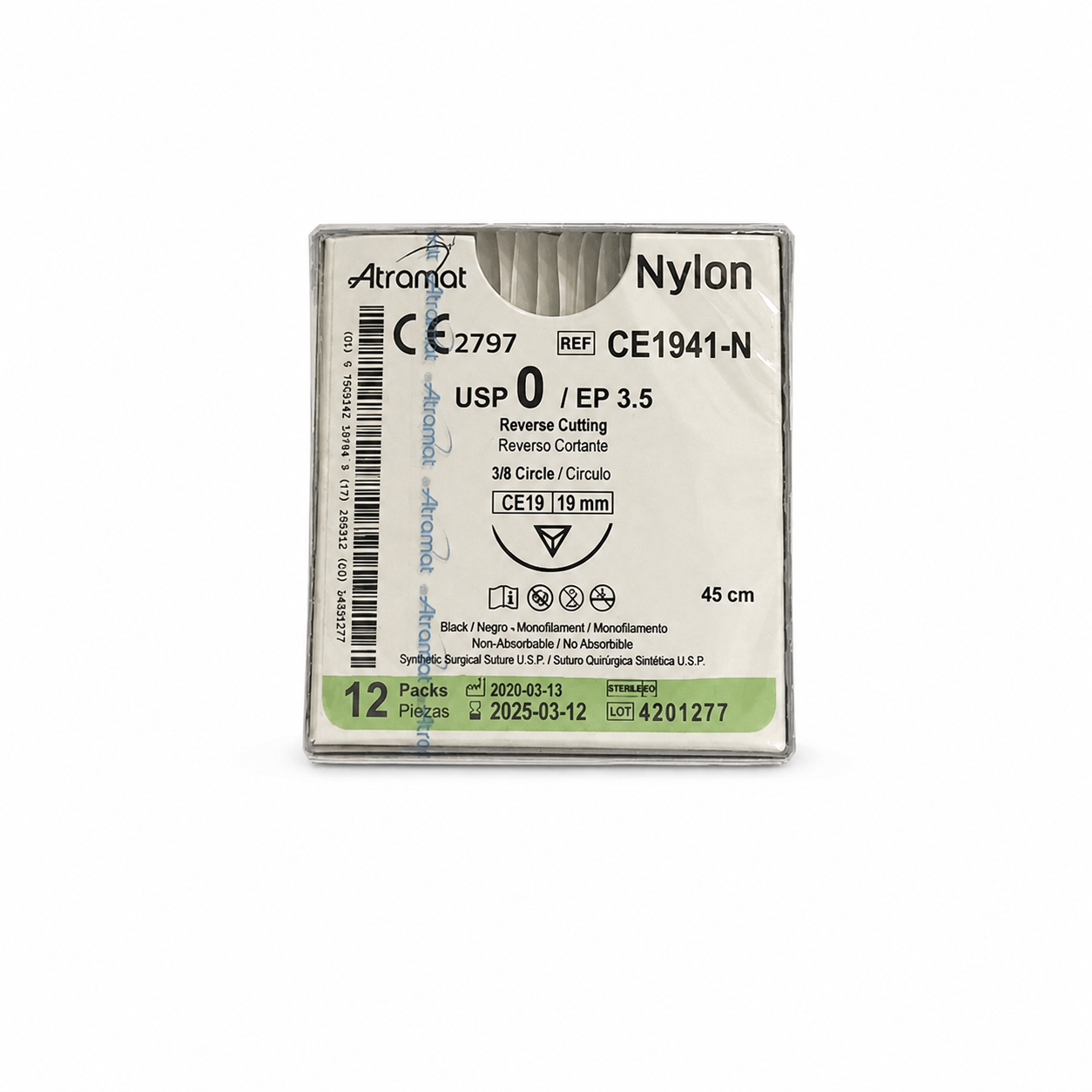 Atramat Nylon CE1941-N, sutura no absorbible USP 0 de 45 cm con aguja CE19 de 19 mm sobre fondo blanco