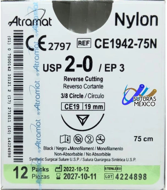 Atramat Nylon CE1942-75N sutura no absorbible negra USP 2-0 de 75 cm con aguja CE19 de 19 mm