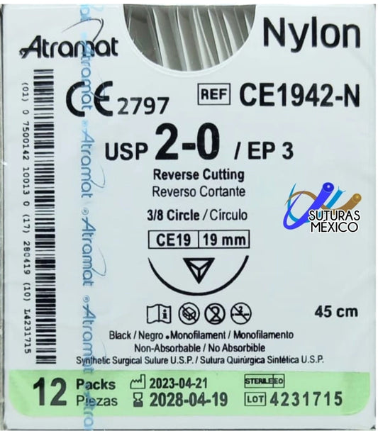 Atramat Nylon CE1942-N sutura no absorbible negra USP 2-0 de 45 cm con aguja CE19 de 19 mm