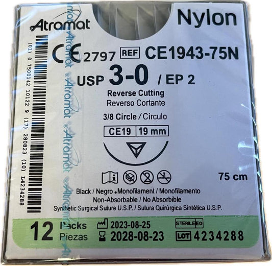 Atramat Nylon CE1943-75N sutura no absorbible negra USP 3-0 de 75 cm con aguja CE19 de 19 mm