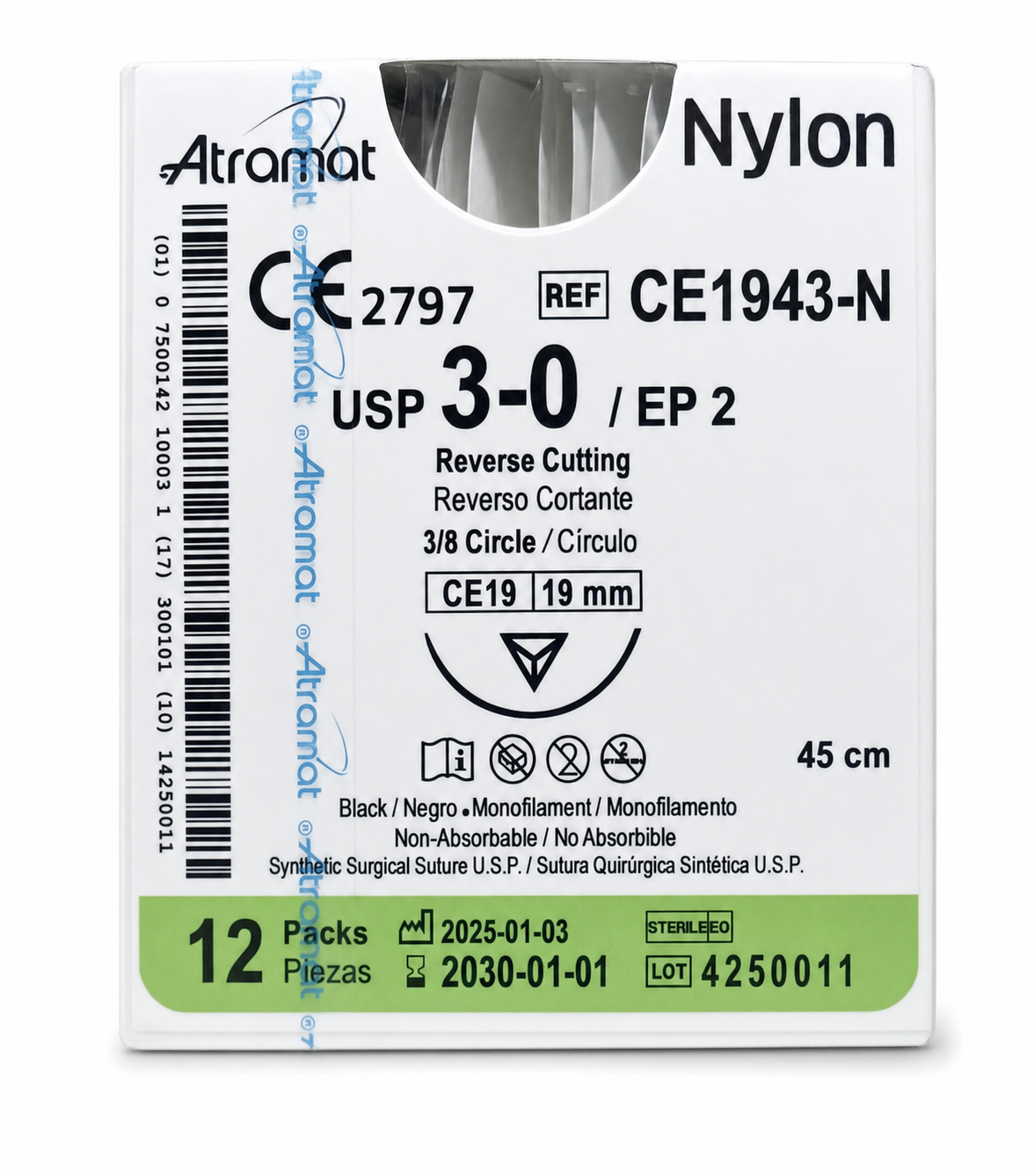 Atramat Nylon CE1943-N, sutura no absorbible USP 3-0 de 45 cm con aguja CE19 de 19 mm sobre fondo blanco