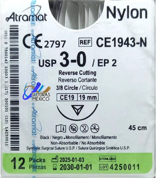Atramat Nylon CE1943-N sutura no absorbible negra USP 3-0 de 45 cm con aguja CE19 de 19 mm