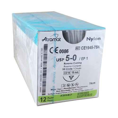 Atramat Nylon CE1945-75N sutura no absorbible negra USP 5-0 de 75 cm con aguja CE19 de 19 mm