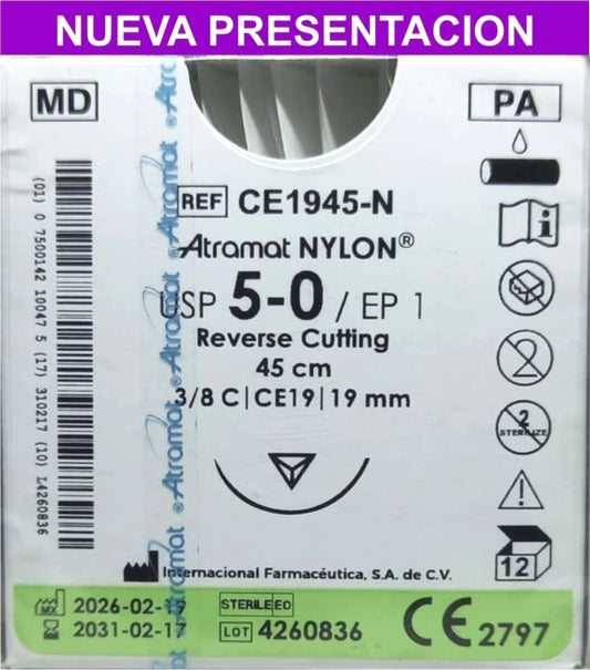 Atramat Nylon CE1945-N sutura no absorbible negra USP 5-0 de 45 cm con aguja CE19 de 19 mm