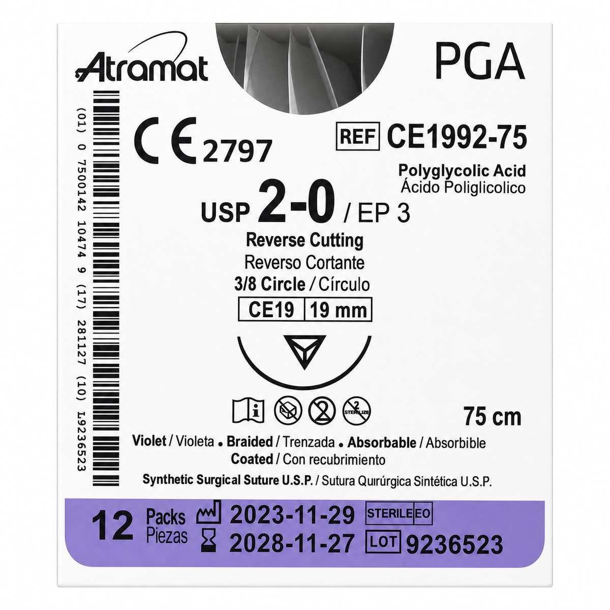 Atramat CE1992-75, PGA USP 2-0 de 75 cm con aguja CE19 de 19 mm sobre fondo blanco