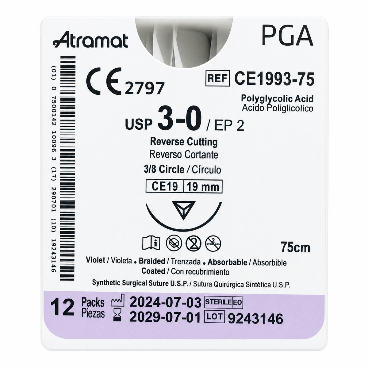 Atramat CE1993-75, PGA USP 3-0 de 75 cm con aguja CE19 de 19 mm sobre fondo blanco