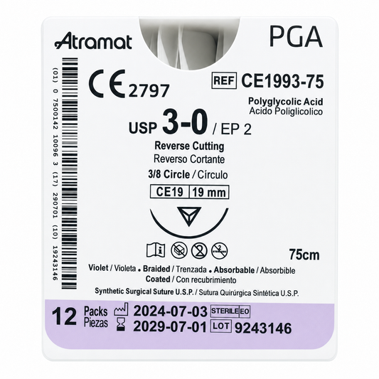 Atramat CE1993-75, PGA USP 3-0 de 75 cm con aguja CE19 de 19 mm sobre fondo blanco