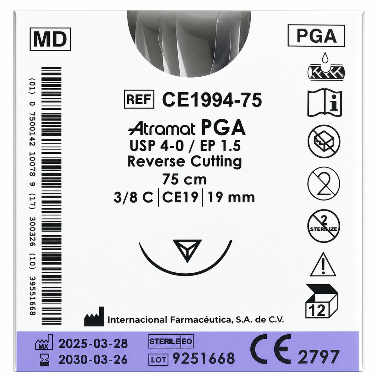 Atramat CE1994-75, PGA USP 4-0 de 75 cm con aguja CE19 de 19 mm sobre fondo blanco