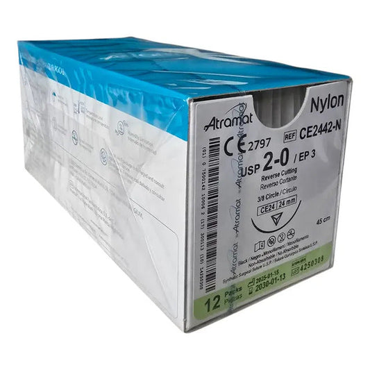 Caja Atramat Nylon CE2442-N sutura no absorbible negra USP 2-0 de 45 cm con aguja CE24 de 24 mm