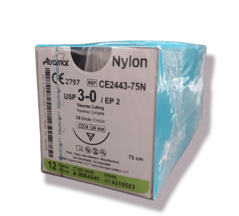 Atramat Nylon CE2443-75N sutura no absorbible negra USP 3-0 de 75 cm con aguja CE24 de 24 mm