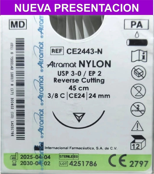 Atramat Nylon CE2443-N sutura no absorbible negra USP 3-0 de 45 cm con aguja CE24 de 24 mm