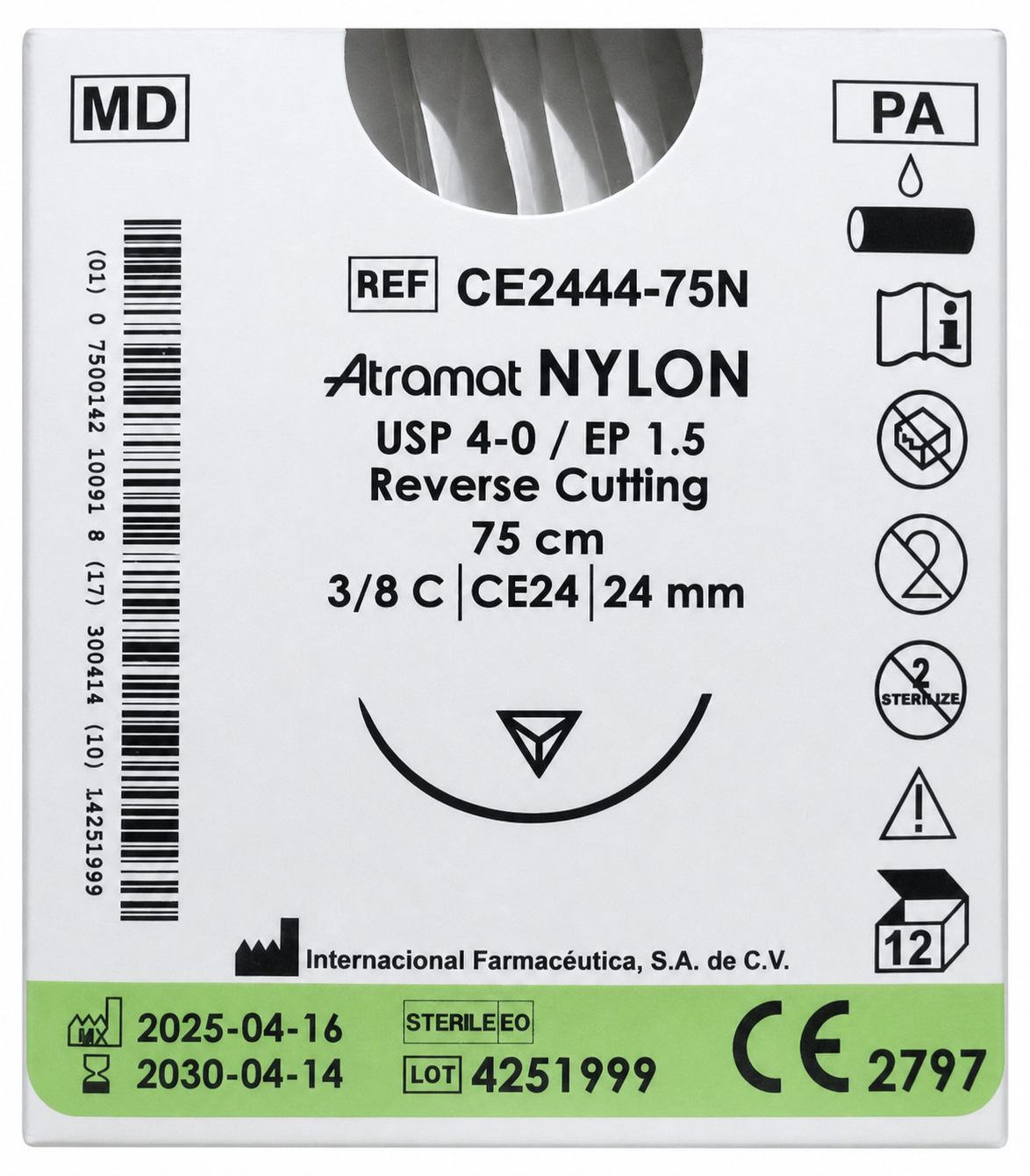 Atramat Nylon CE2444-75N, sutura no absorbible USP 4-0 de 75 cm con aguja CE24 de 24 mm sobre fondo blanco
