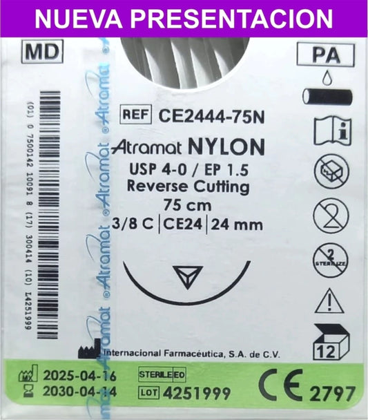 Atramat Nylon CE2444-75N sutura no absorbible negra USP 4-0 de 75 cm con aguja CE24 de 24 mm