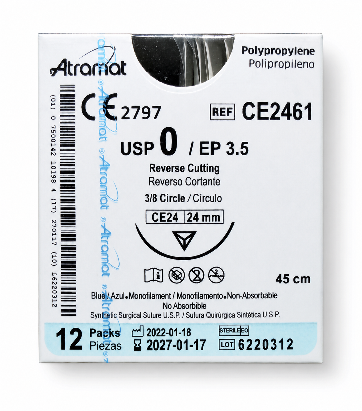 Atramat CE2461, sutura de polipropileno USP 0 de 45 cm con aguja CE24 de 24 mm sobre fondo blanco