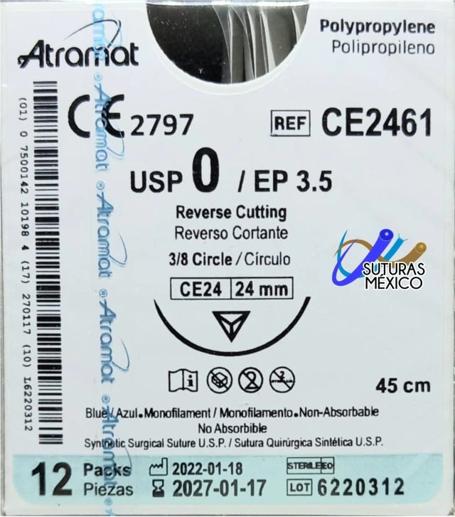 Atramat CE2461 polipropileno USP 0 de 45 cm con aguja CE24 reverso cortante de 24 mm