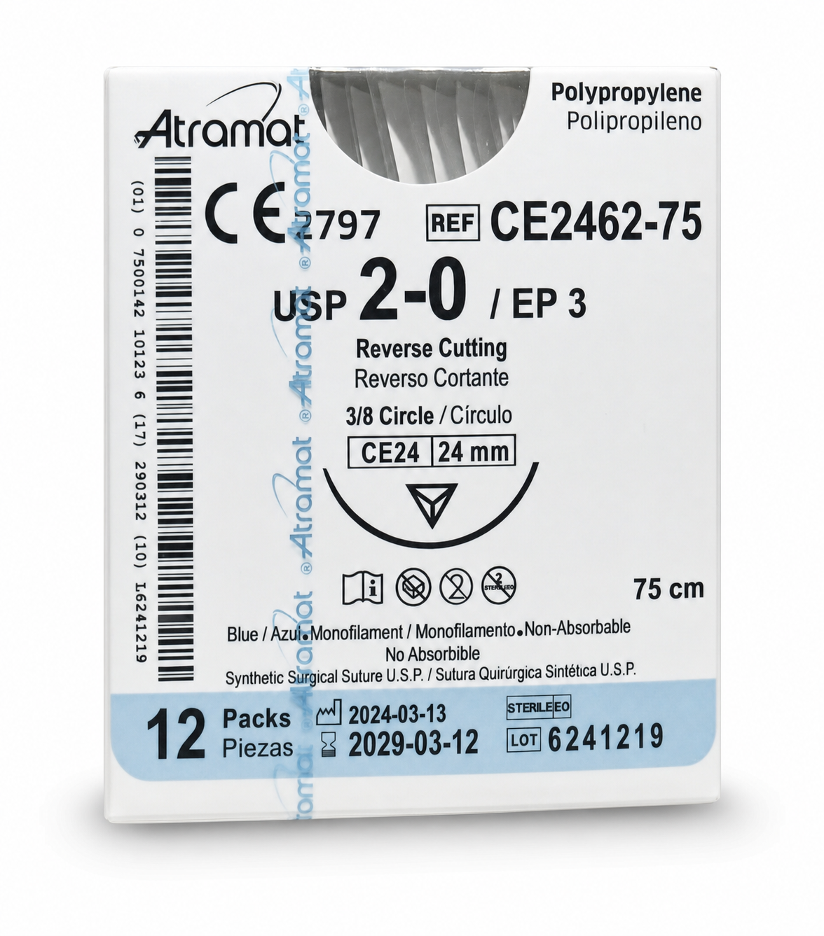 Atramat CE2462-75, sutura de polipropileno USP 2-0 de 75 cm con aguja CE24 de 24 mm sobre fondo blanco