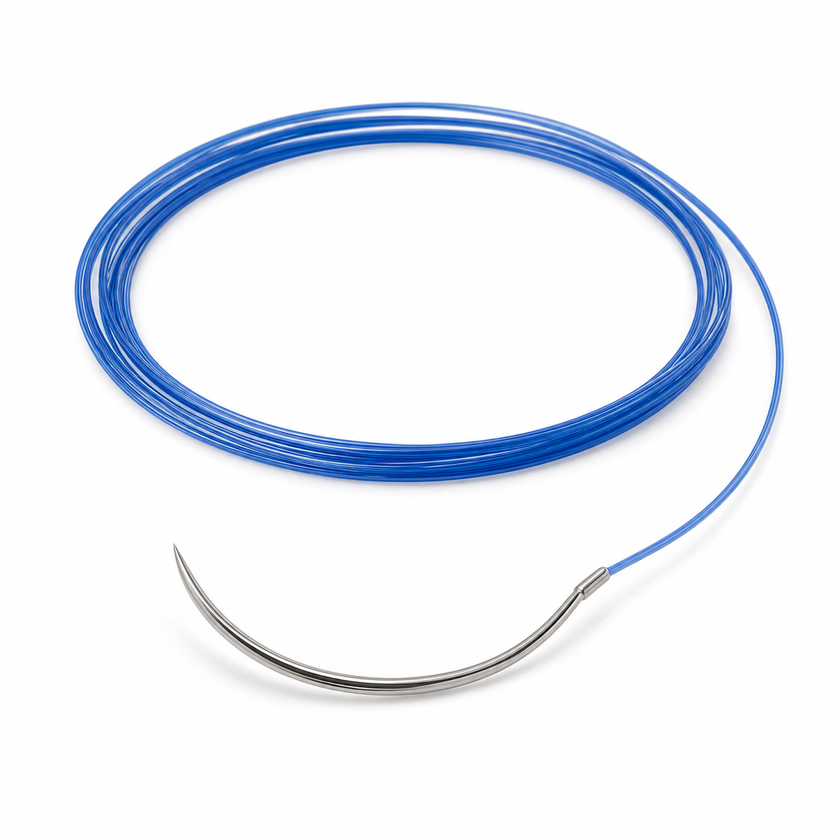 Imagen ilustrativa optimizada: Atramat CE2462 polipropileno azul USP 2-0, 45 cm, aguja reverso cortante de 24 mm, 3/8 de círculo, sobre fondo blanco