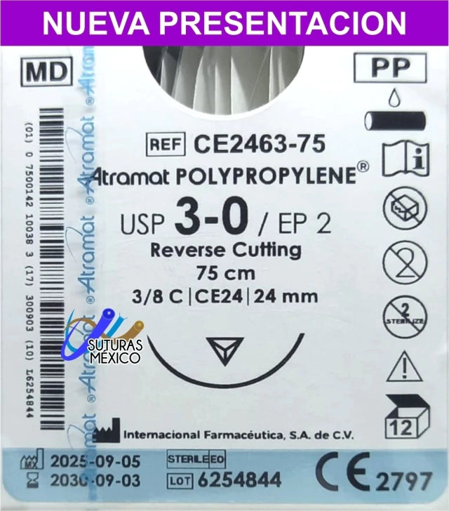 Atramat CE2463-75 polipropileno USP 3-0 de 75 cm con aguja CE24 reverso cortante de 24 mm