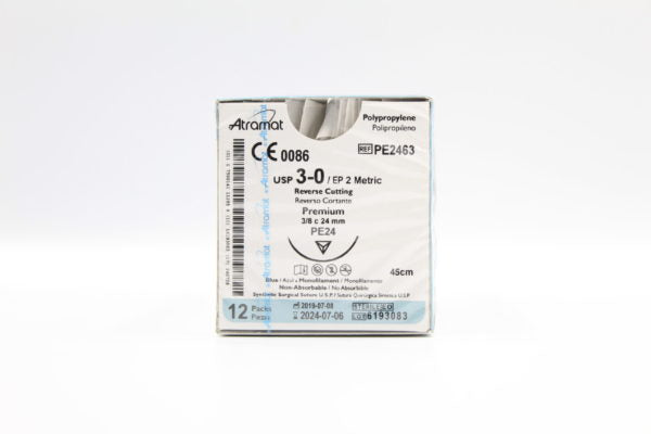 Atramat CE2463 sutura no absorbible de polipropileno azul USP 3-0 de 45 cm con aguja reverso cortante de 24 mm