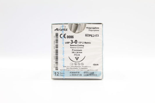 Atramat CE2463 sutura no absorbible de polipropileno azul USP 3-0 de 45 cm con aguja reverso cortante de 24 mm