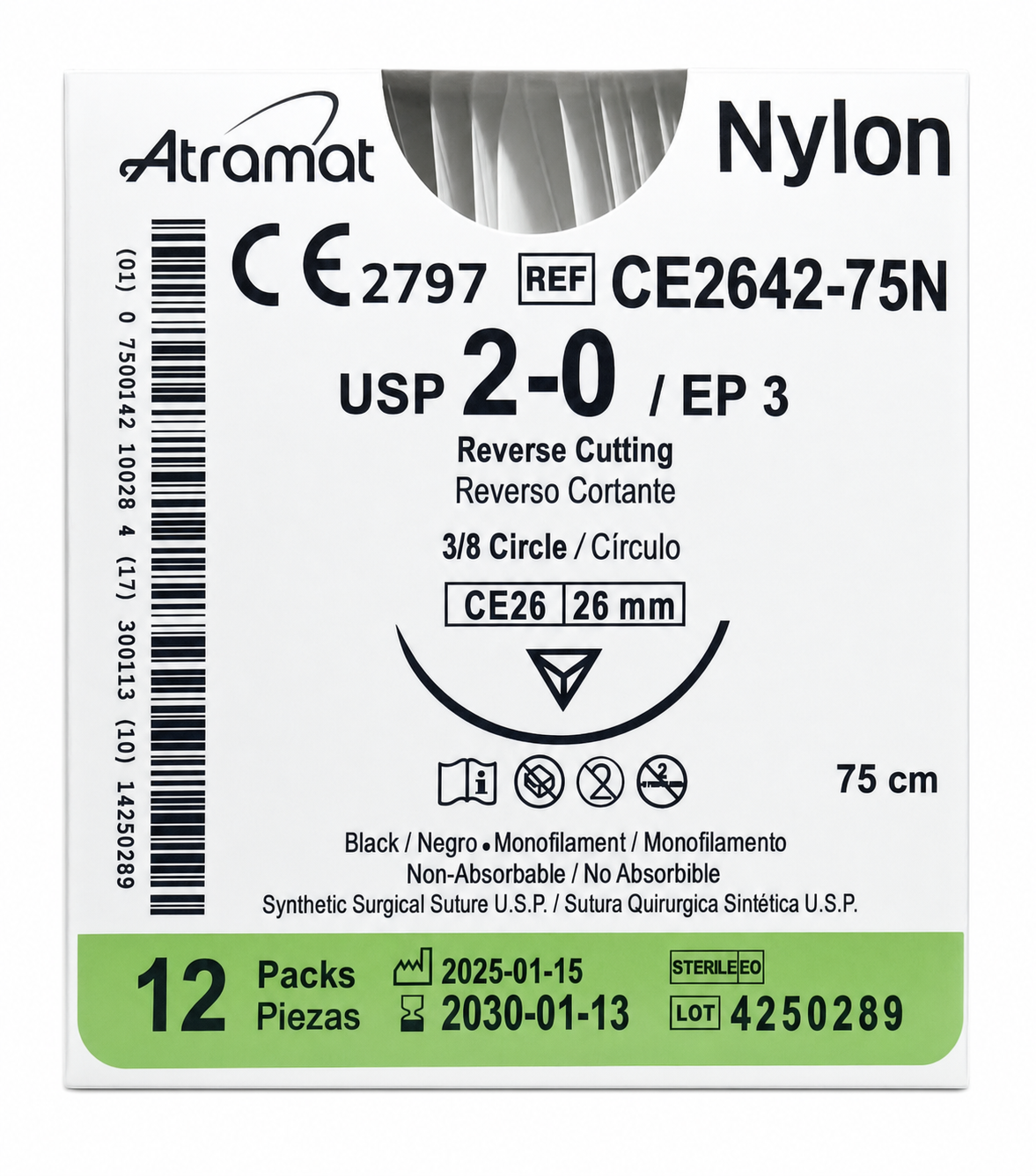 Atramat Nylon CE2642-75N, sutura no absorbible USP 2-0 de 75 cm con aguja CE26 de 26 mm sobre fondo blanco
