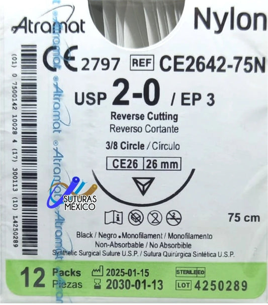 Atramat Nylon CE2642-75N sutura no absorbible negra USP 2-0 de 75 cm con aguja CE26 de 26 mm