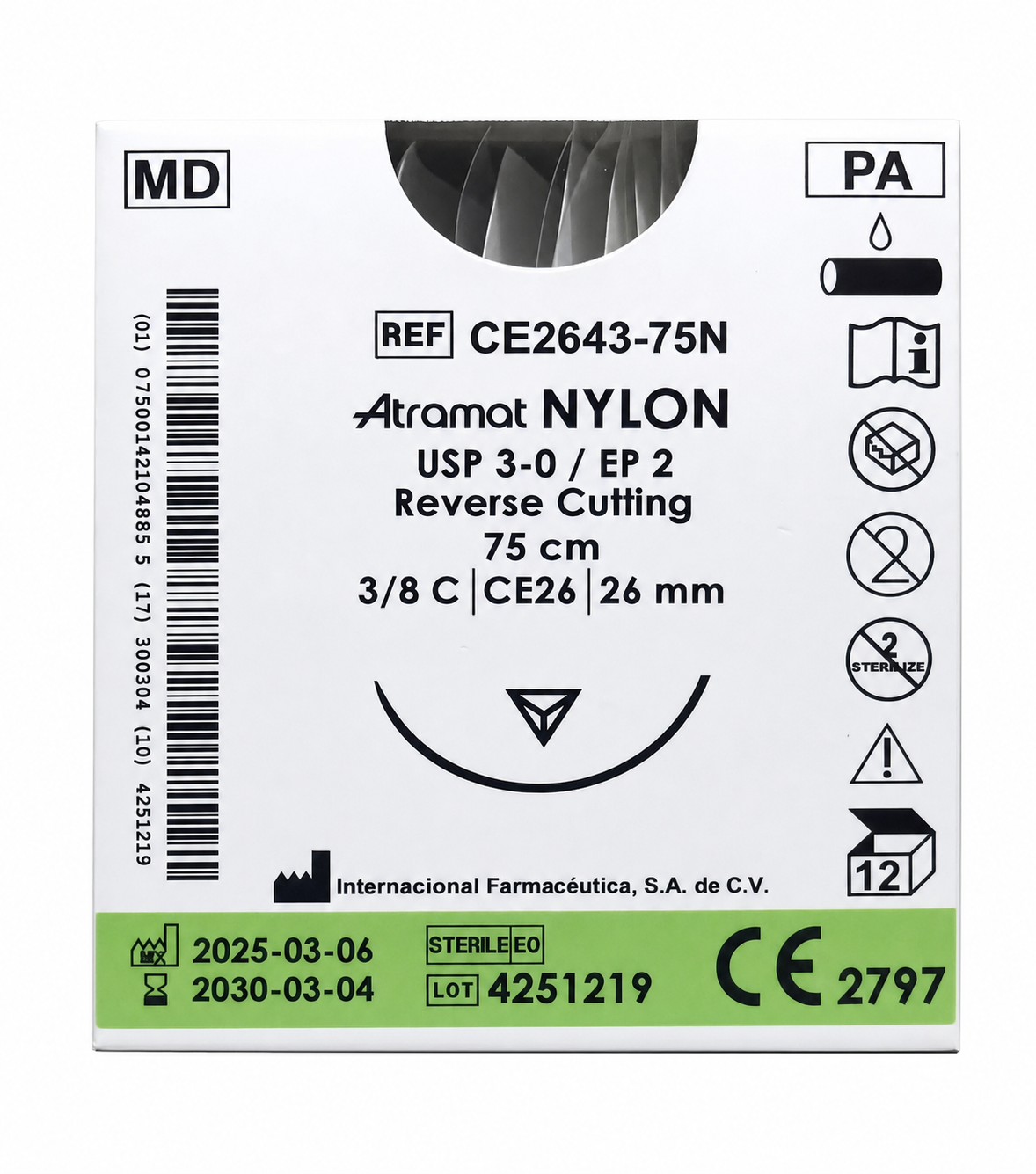 Atramat Nylon CE2643-75N, sutura no absorbible USP 3-0 de 75 cm con aguja CE26 de 26 mm sobre fondo blanco