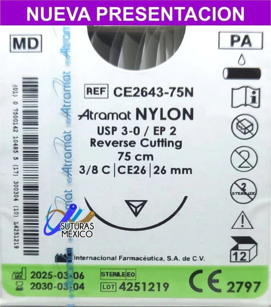 Atramat Nylon CE2643-75N sutura no absorbible negra USP 3-0 de 75 cm con aguja CE26 de 26 mm