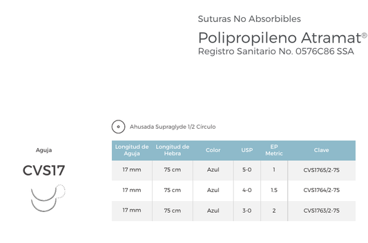 Sutura Atramat de polipropileno azul USP 5-0 con doble aguja CVS17 de 17 mm