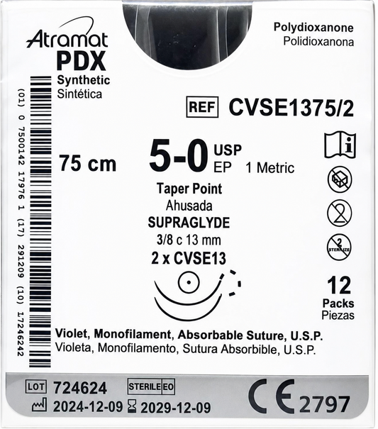 Atramat CVSE1375/2, PDX violeta USP 5-0 de 75 cm con doble aguja CVSE13 de 13 mm sobre fondo blanco