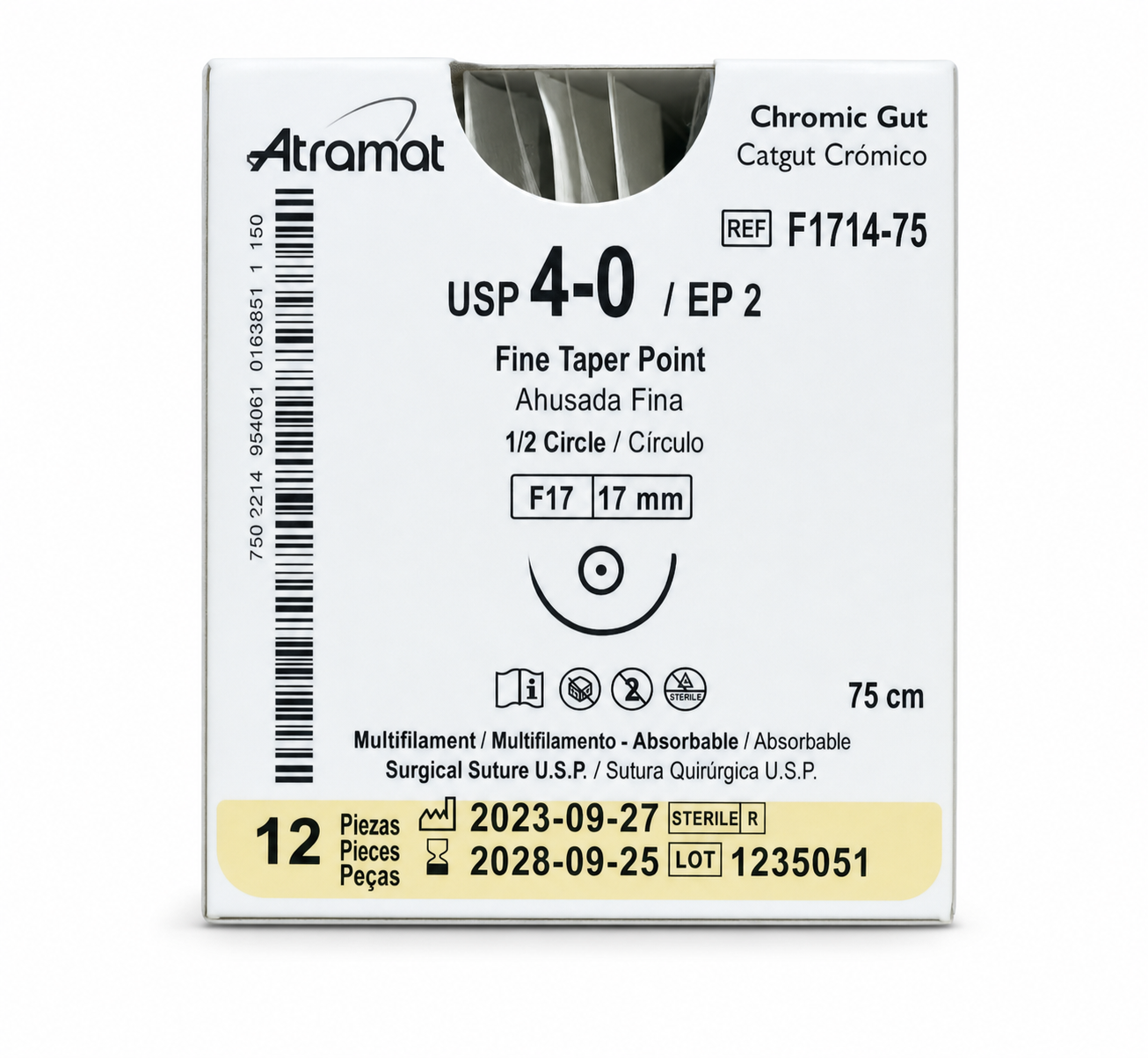 Atramat F1714-75, catgut crómico USP 4-0 de 75 cm con aguja F17 de 17 mm sobre fondo blanco