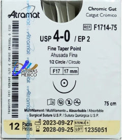 Sutura ATRAMAT Catgut Crómico F1714-75 USP 4-0 de 75 cm con aguja F17