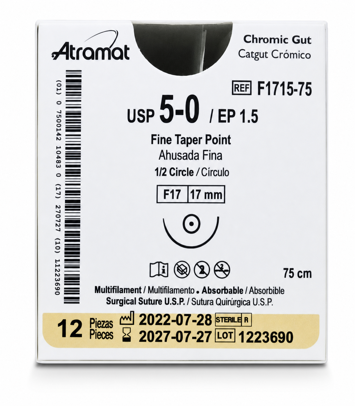 Atramat F1715-75, catgut crómico USP 5-0 de 75 cm con aguja F17 de 17 mm sobre fondo blanco