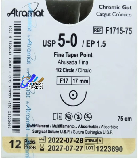 Sutura ATRAMAT Catgut Crómico F1715-75 USP 5-0 de 75 cm con aguja F17