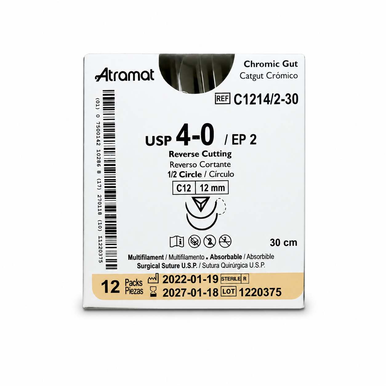 Atramat G-C1214/2-30, catgut crómico USP 4-0 de 30 cm con aguja C12 de 12 mm sobre fondo blanco