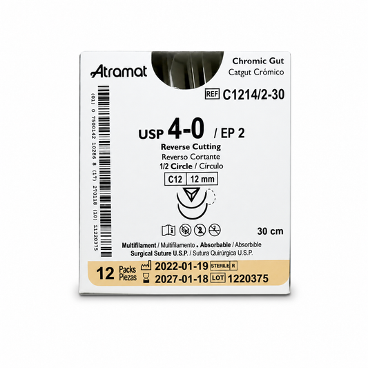 Atramat G-C1214/2-30, catgut crómico USP 4-0 de 30 cm con aguja C12 de 12 mm sobre fondo blanco