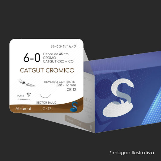 Sutura Atramat G-CE1216/2 catgut crómico 6-0, 45 cm, doble aguja CE-12 de 12 mm