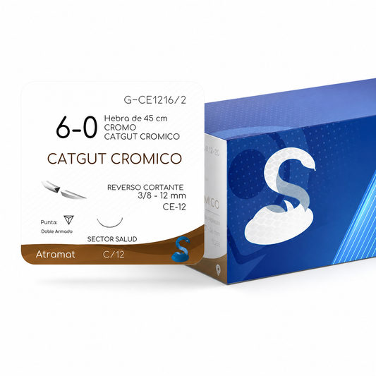 Sutura Atramat G-CE1216/2 catgut crómico 6-0, 45 cm, doble aguja CE-12 de 12 mm