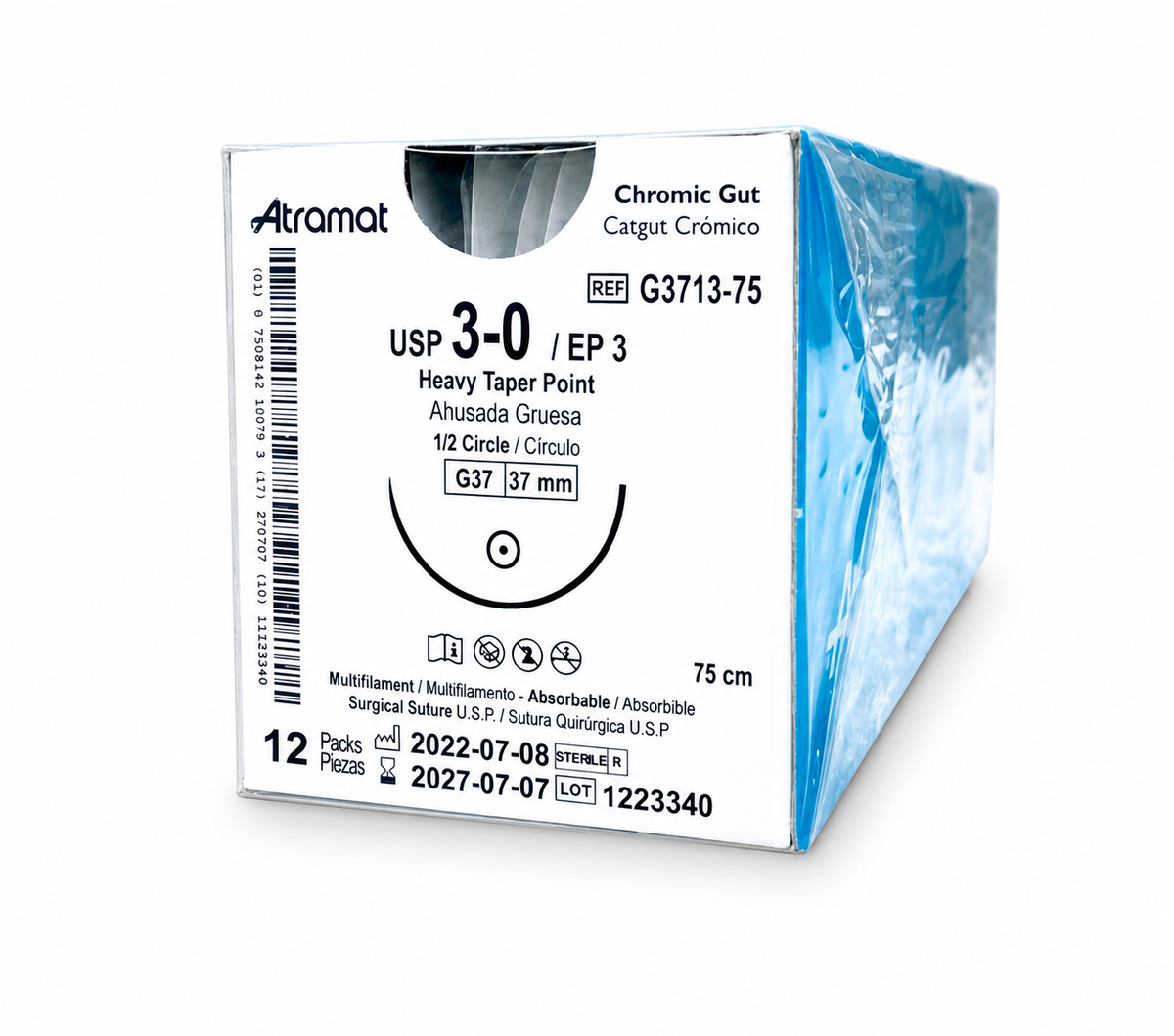 Atramat G3713-75, catgut crómico USP 3-0 de 75 cm con aguja G37 de 37 mm sobre fondo blanco